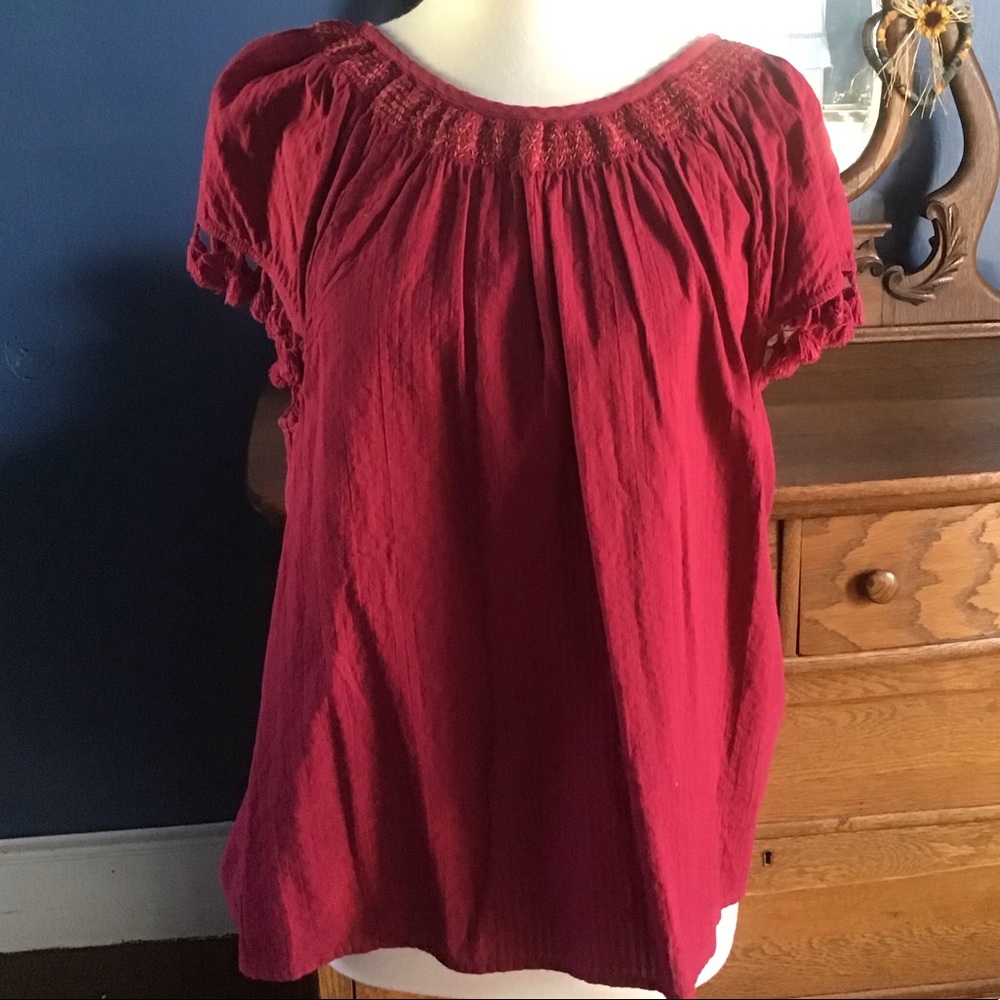 4/$40 Architect blouse, size L, Maroon 100% cotton Peasant Blouse short sleeve
